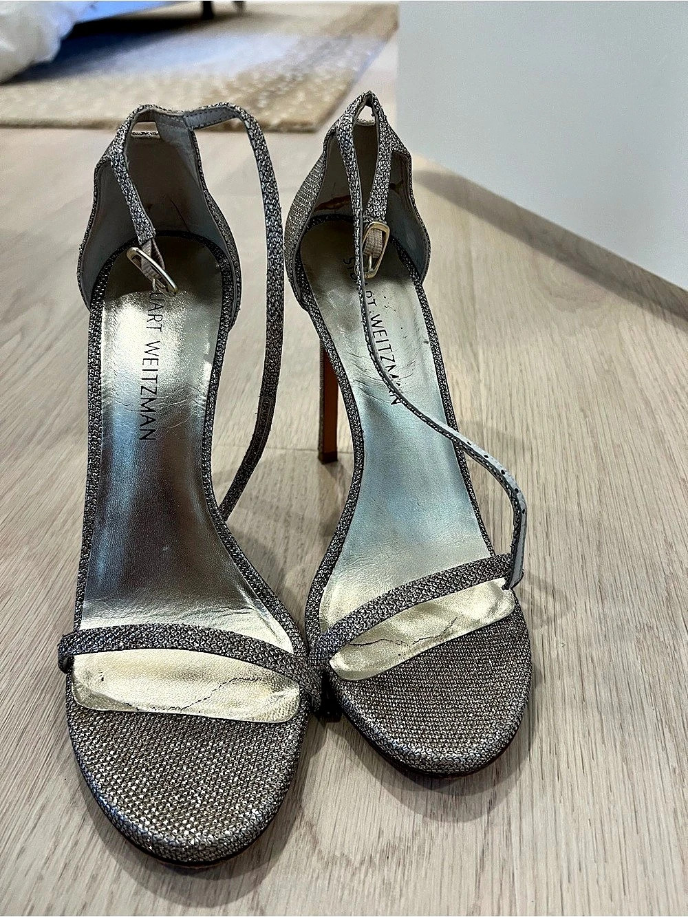 Stuart Weitzman Crystal-Embellished Strappy Heels in Silver